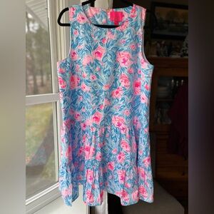 Lily Pulitzer Sleeveless Drop Waist Blue & Pink Floral Dress Women’s Sz L